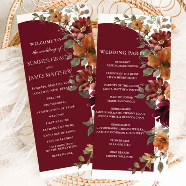 Burgundy Burnt Orange Floral Arch Wedding Programme (Creator Uploaded)