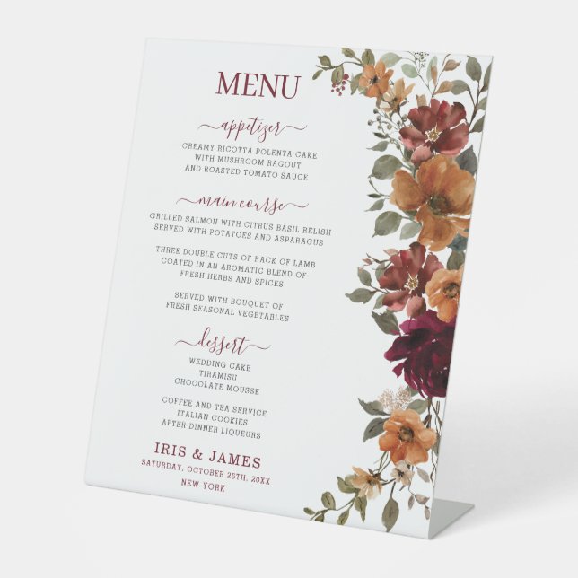 Burgundy Burnt Orange Floral Wedding Menu Pedestal Sign (Front)