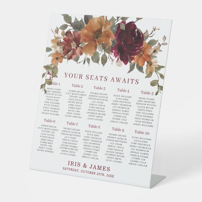 Burgundy Burnt Orange Floral Wedding Seating Chart Pedestal Sign (Front)