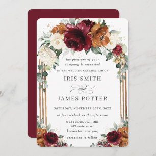 Burgundy Burnt Orange Ivory Floral Arch Wedding Invitation