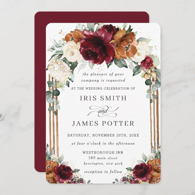 Burgundy Burnt Orange Ivory Floral Arch Wedding Invitation (Front/Back)