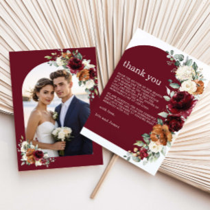 Burgundy Burnt Orange Ivory Floral Wedding Photo Thank You Card
