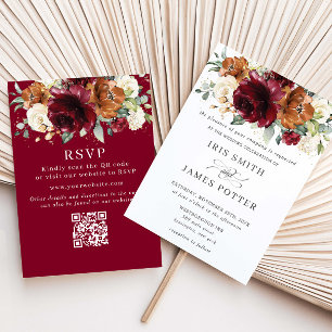 Burgundy Burnt Orange Ivory Floral Wedding QR RSVP Invitation
