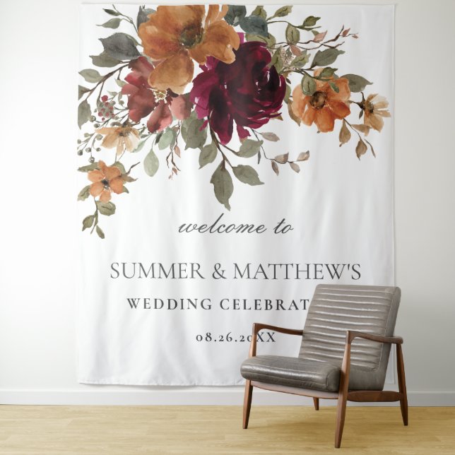 Burgundy Burnt Orange Rust Floral Wedding Backdrop Tapestry (In Situ)