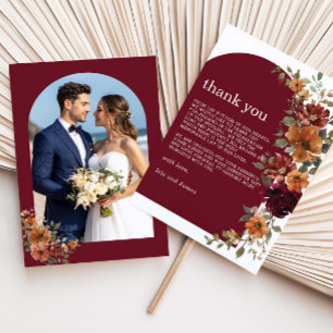 Burgundy Burnt Orange Rust Floral Wedding Photo Thank You Card