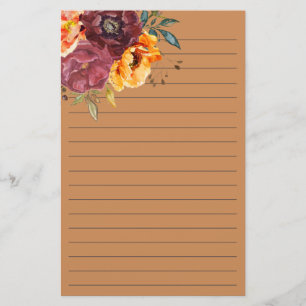 Burgundy Burnt Orange Watercolor Floral Lined Sta Stationery