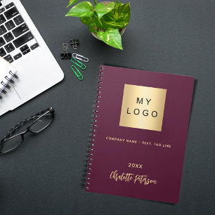 Burgundy business logo name script elegant notebook