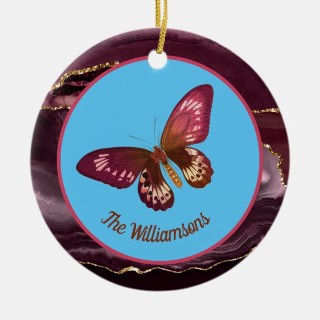 Burgundy Butterfly on Blue Sky Merry and Bright Ceramic Tree Decoration (Front)