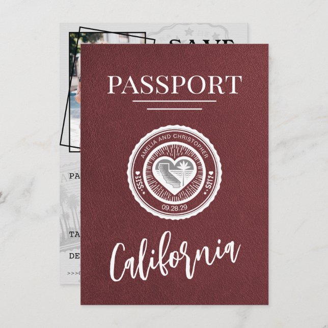 Burgundy California Passport Save The Date (Front/Back)