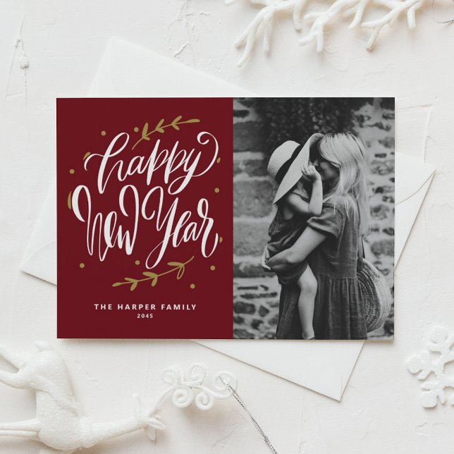 Burgundy Calligraphy and Wreath New Year Photo Holiday Card (Customizable burgundy photo Happy New Year card featuring modern calligraphy and wreath.)