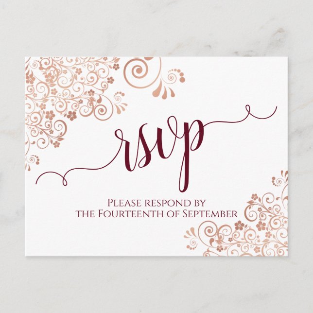 Burgundy Calligraphy Rose Gold Lace Wedding RSVP  Postcard (Front)
