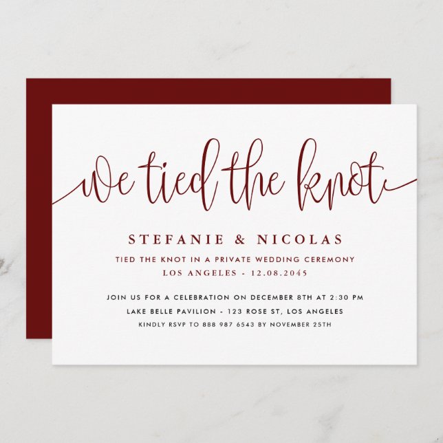 Burgundy Calligraphy We Tied The Knot Wedding Invitation (Front/Back)