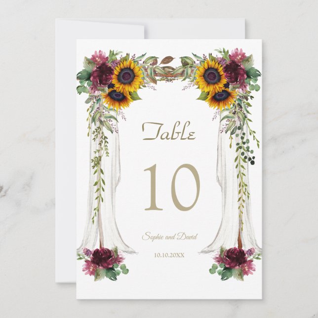 Burgundy Canopy Sunflowers Wedding Table Number (Front)