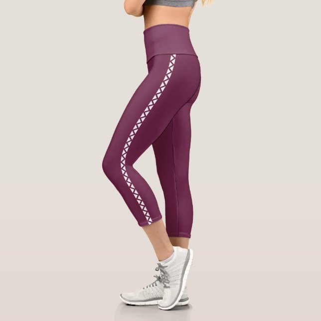 Burgundy Capri Leggings with White Side Stripe (Left)