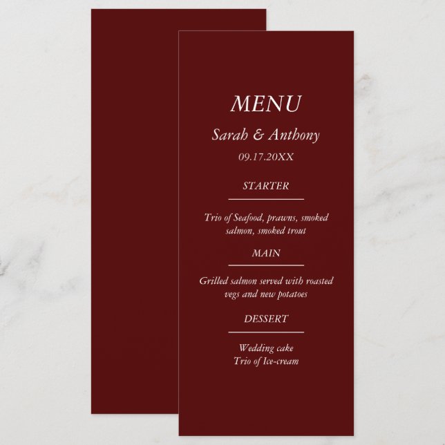 Burgundy Casual Minimalist Elegant Wedding Food  Menu (Front/Back)