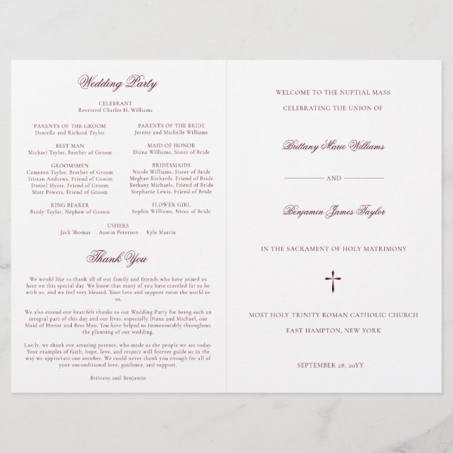 Burgundy Catholic Wedding Mass Ceremony Program (Front)
