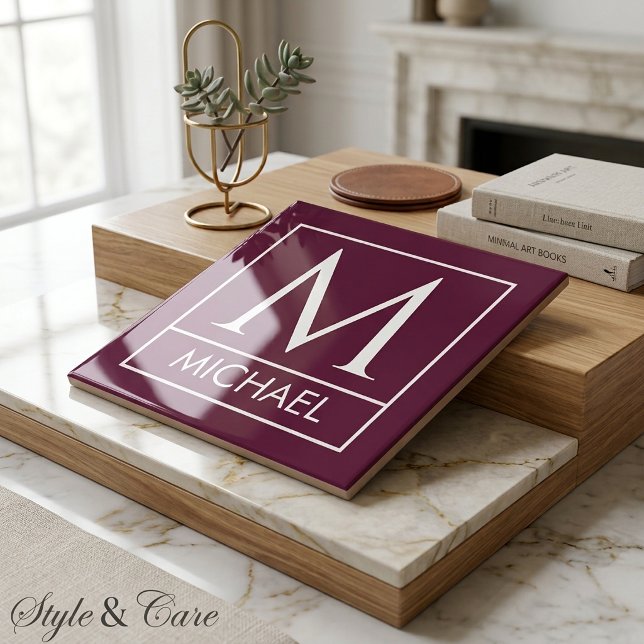 Burgundy Ceramic Tile with Custom Initial & Name (Burgundy Ceramic Tile with Custom Initial & Name)