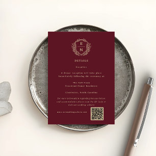 Burgundy Champagne Crest Monogram Wedding Details  Enclosure Card