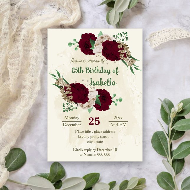 Burgundy champagne flowers botanical birthday invitation (Creator Uploaded)