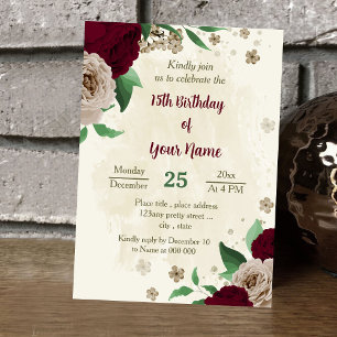 Burgundy champagne flowers botanical birthday invitation