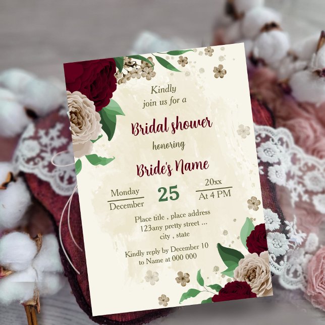 Burgundy champagne flowers botanical bridal shower invitation (Creator Uploaded)