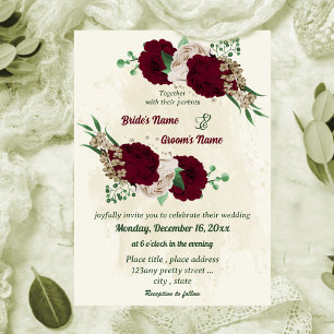 Burgundy champagne flowers botanical wedding invitation