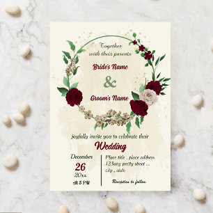 Burgundy champagne flowers botanical wedding invitation