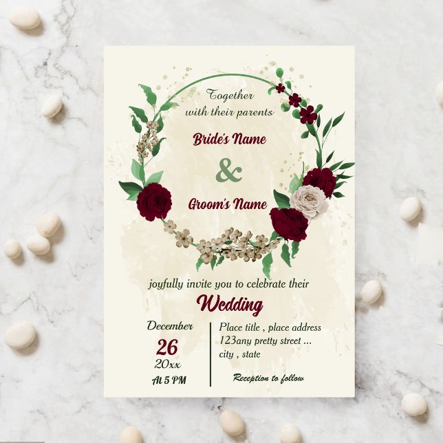 Burgundy champagne flowers botanical wedding invitation (Creator Uploaded)