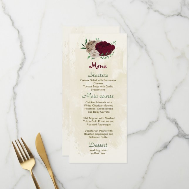 Burgundy champagne flowers botanical wedding menu (Front/Back In Situ)
