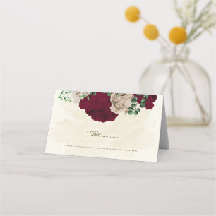 Burgundy champagne flowers botanical wedding place card