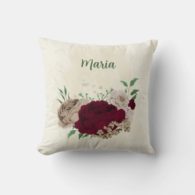 Burgundy champagne flowers cushion (Front)