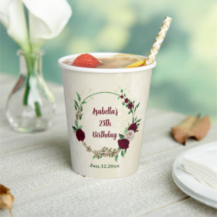 Burgundy champagne flowers paper cups