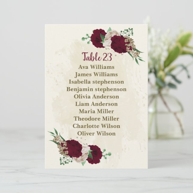 Burgundy champagne flowers seating chart card (Standing Front)