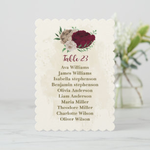 Burgundy champagne flowers seating chart card