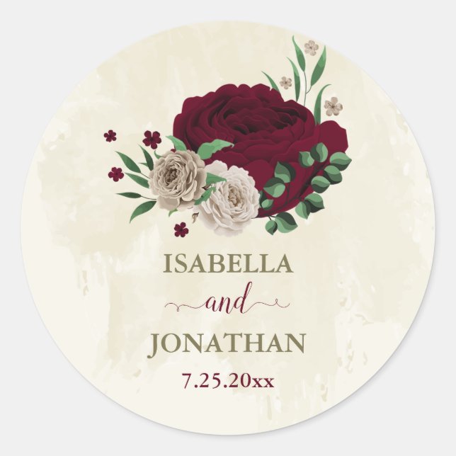 Burgundy champagne flowers wedding classic round sticker (Front)