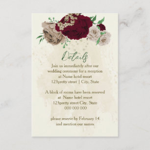 Burgundy champagne flowers wedding details enclosure card