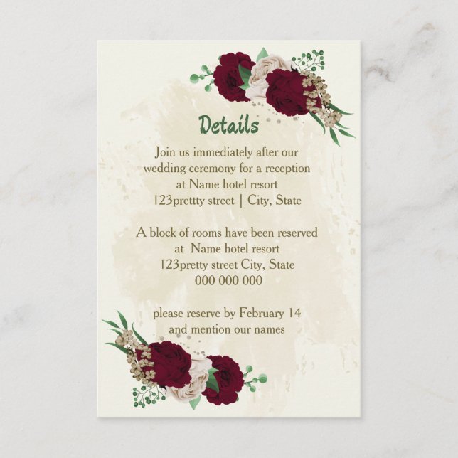 Burgundy champagne flowers wedding details enclosure card (Front)