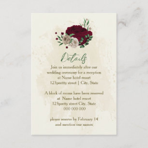 Burgundy champagne flowers wedding details enclosure card