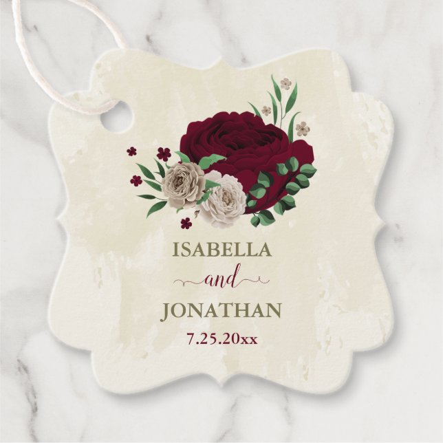Burgundy champagne flowers wedding favour tags (Front)