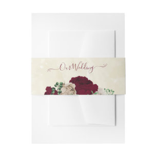 Burgundy champagne flowers wedding invitation belly band