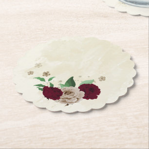 Burgundy champagne flowers wedding paper coaster