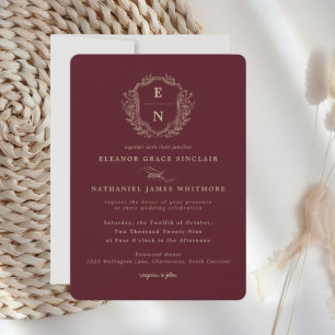 Burgundy Champagne Gold Crest Monogram Wedding Invitation