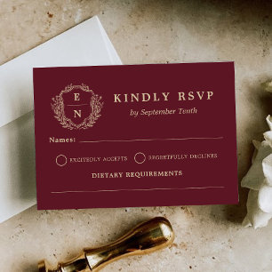 Burgundy Champagne Gold Crest Monogram Wedding RSVP Card