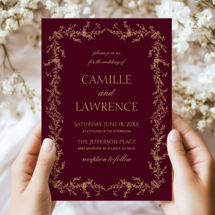 Burgundy Champagne Hand Drawn Floral Frame Wedding Invitation