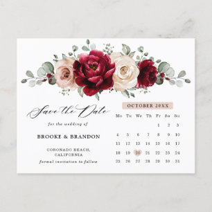 Burgundy Champagne Ivory  Calendar Save the Date Postcard