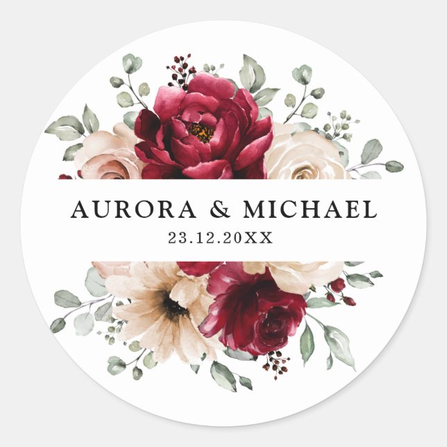 Burgundy Champagne Ivory Mauve Rose Floral Wedding Classic Round Sticker (Front)