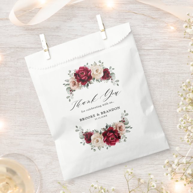 Burgundy Champagne Ivory Mauve Rose Floral Wedding Favour Bags (Clipped)