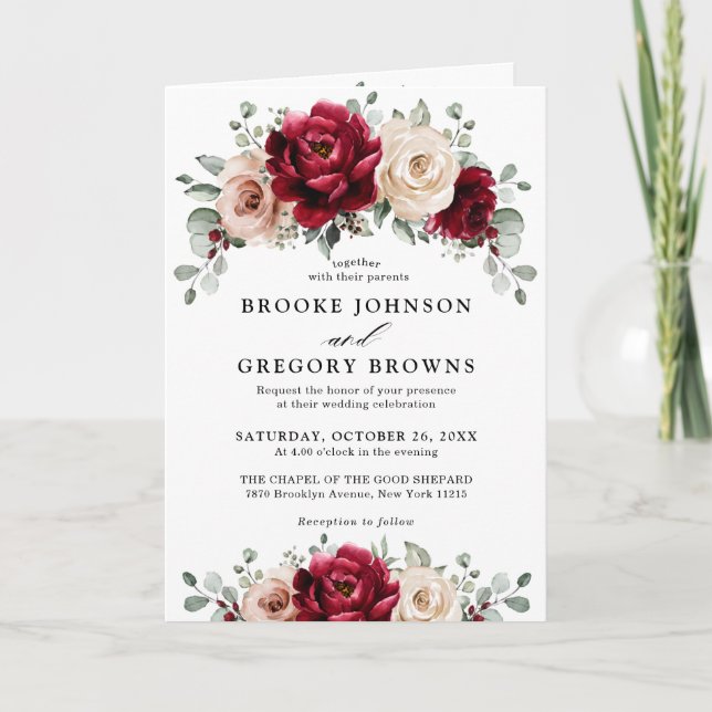 Burgundy Champagne Ivory Mauve Rose Floral Wedding Invitation (Front)