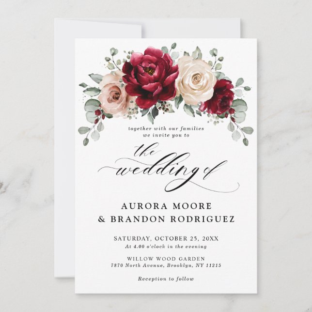 Burgundy Champagne Ivory Mauve Rose Floral Wedding Invitation (Front)