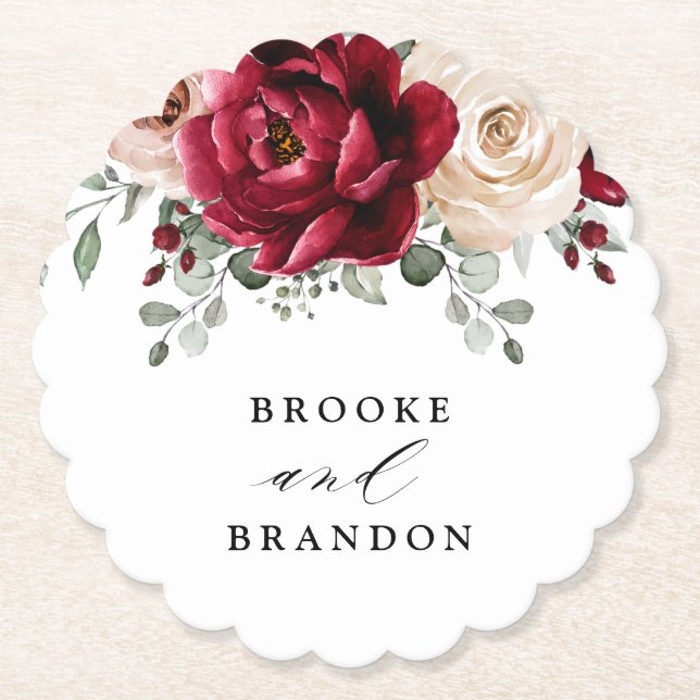 Burgundy Champagne Ivory Mauve Rose Floral Wedding Paper Coaster (Front)
